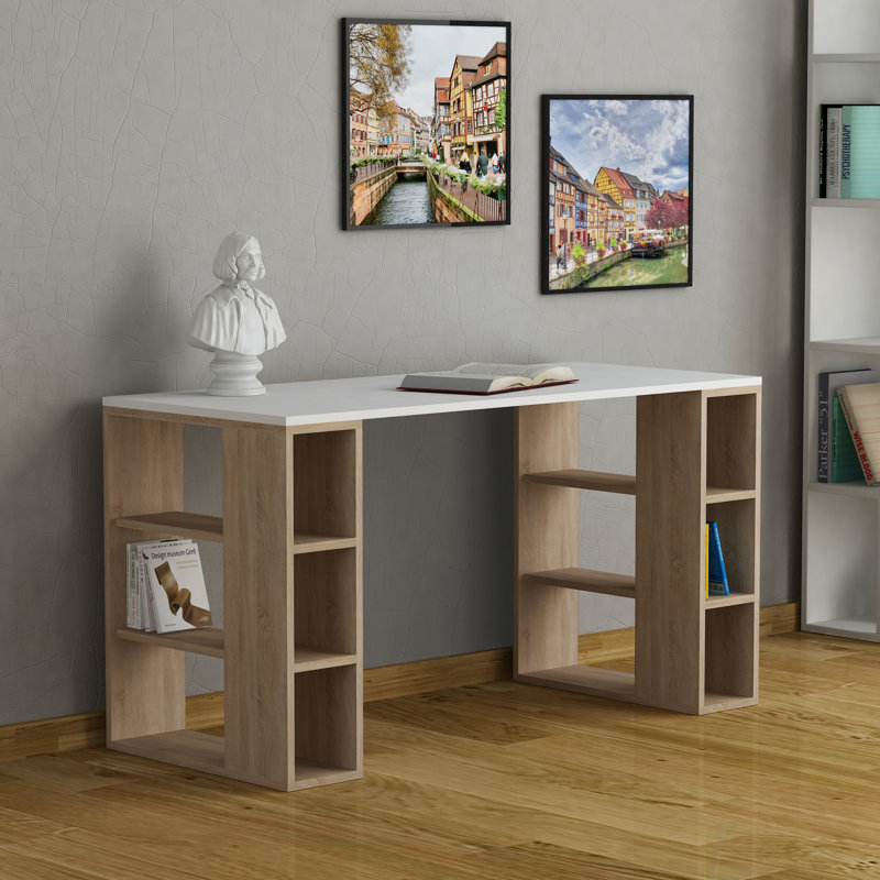 Simone Modern Desk with Built-in Bookcase – Stylish Workspace Desk with 6 Open Shelves, White, Oak