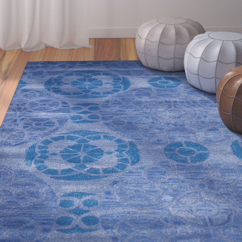 Tapis bleu en laine / viscose touffeté à la main Kouerga, Rectangle 5 pi x 8 pi