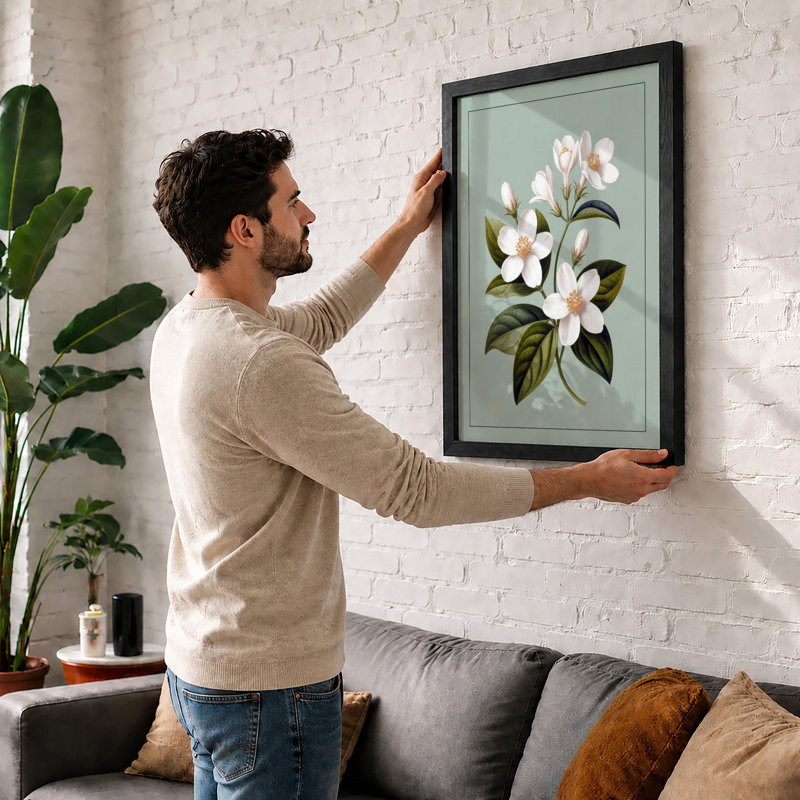 Flowering Stem Study Botanical - Framed Print, A4 - 29.7 x 21.0 cm, White