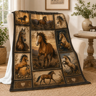 Vintage Horse Collage Flannel Blanket with Rustic Western Artwork, Equestrian Ranch Throw Featuring Classic Horse Portraits for Sofa Bed Cabin Decor, 50 x 60 in