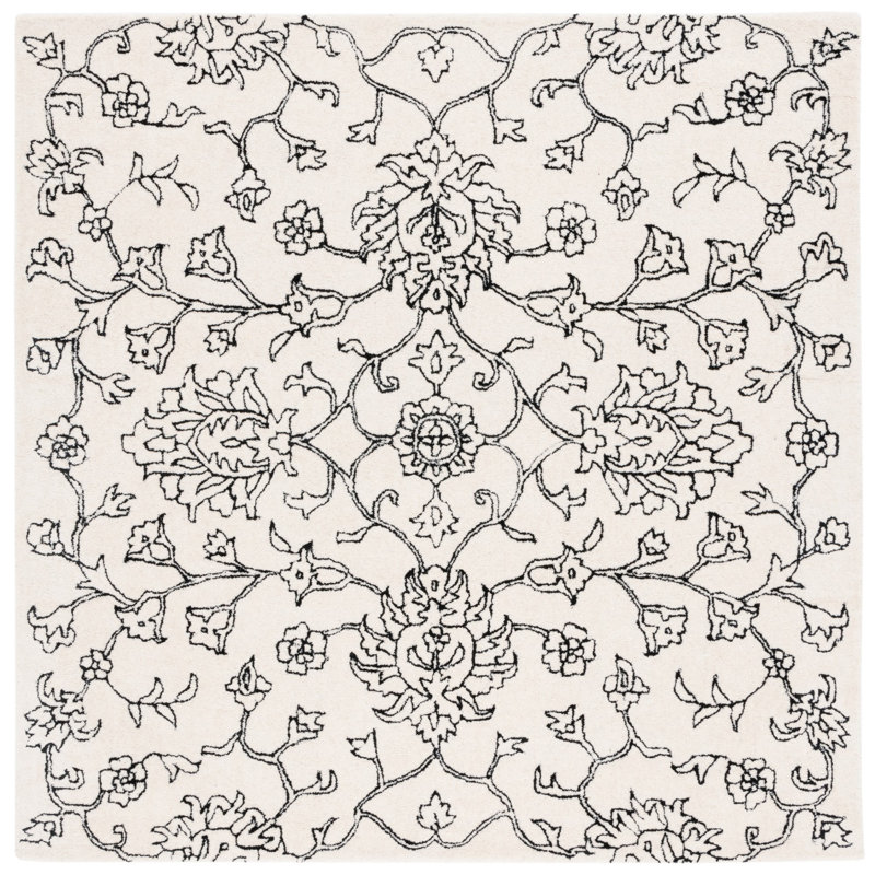 Elizaida Hand Tufted Wool/Viscose Floral Rug in Ivory/Black, Square 6'