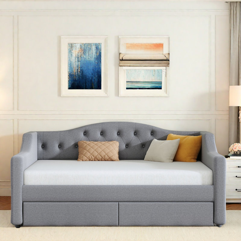 Lit de jour moderne rembourré avec ceinture à DEL, couchette et capitonnage à boutons, Gris