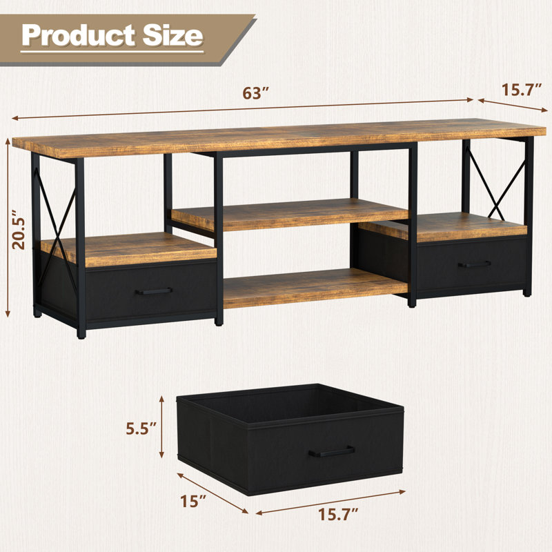 Industrial Tv Stand With Open Storage And Fabric Drawers For 55-65 Inch Tvs – Perfect For Living Room And Bedroom., Black