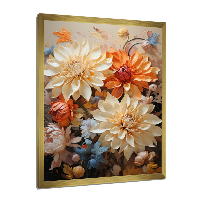 Yaleska Chrysanthemums Autumn Gold Patchwork I, Encadrement doré, H 40 po x l 30 po x P 1,5 po