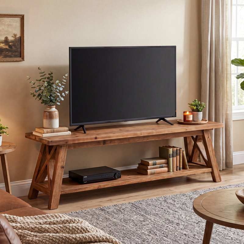 Meuble télé en bois massif pour téléviseur de 55/60/65 pouces, centre de divertissement de ferme 55 "avec tablette de rangement ouverte