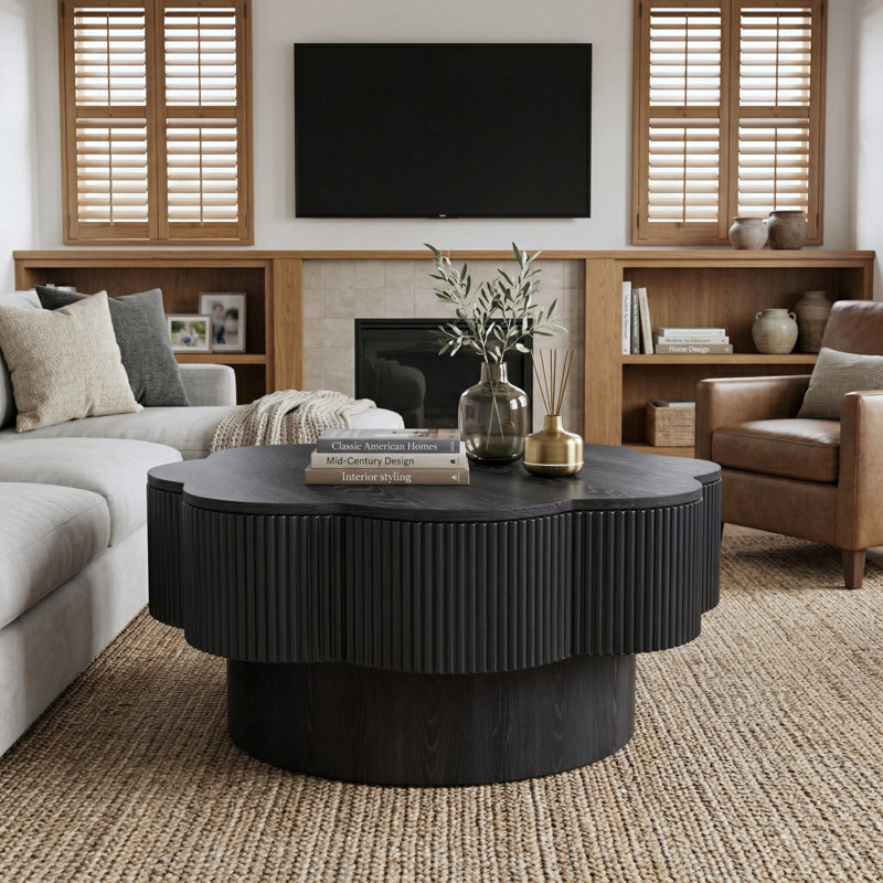 Table basse 31,5 pouces moderne en forme de fleur avec rangement, placage de bois, noir, Noir