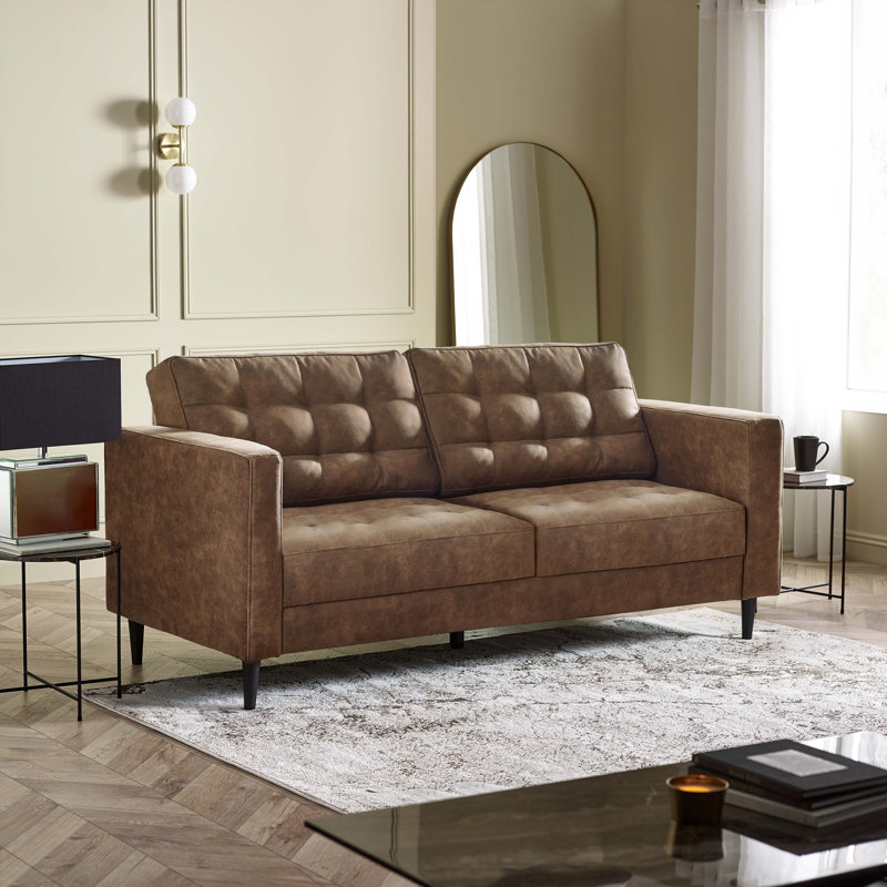 Jodi Faux Leather Sofa - Upholstered Modern Retro Fabric Stylish & Contemporary, 3 Seater, Tan