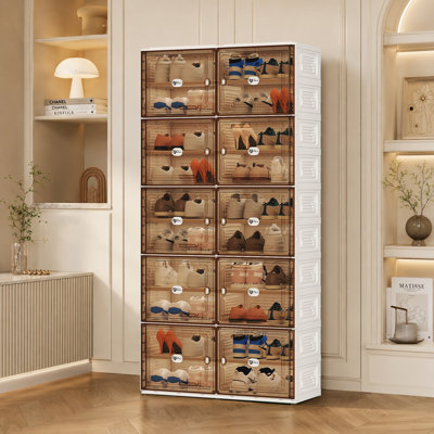 10-Tier 40 Pair Foldable Double Column Shoe Storage Cabinet with Magnetic Clear Doors, Versatile Shoe Organizer for Entryway, Closet, Small Spaces (White)