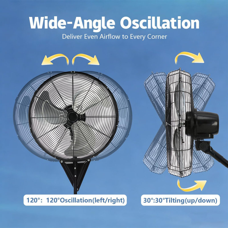 Ventilateur mural oscillant 20 "à 3 vitesses de 6 000 pi³ / min, Noir