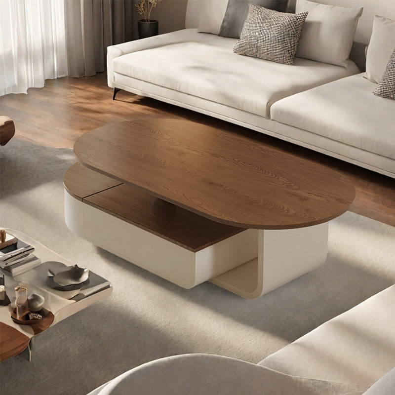 Table basse moderne simple ovale, Blanc, Noyer foncé, H 16,5 po x L 51,2 po x l 27,6 po