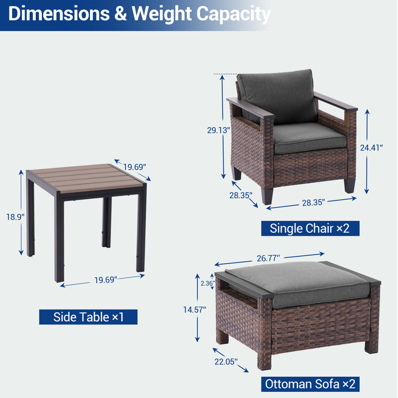 Ensemble de patio en rotin 5 pièces, fauteuil en osier résistant aux intempéries avec coussin amovible et structure robuste