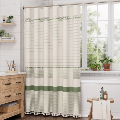 Rideau de douche Boho, ensemble de rideau de douche style campagne moderne avec pompons, rideau de douche rustique en faux lin rayé vert avec crochets, ton brun clair, 72 po x 72 po