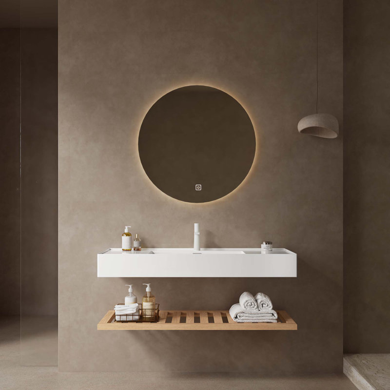 Meuble-lavabo de salle de bain avec lavabo vasque, lavabo intégré mural rectangulaire en acrylique flottant blanc sans robinet, étagère rayée