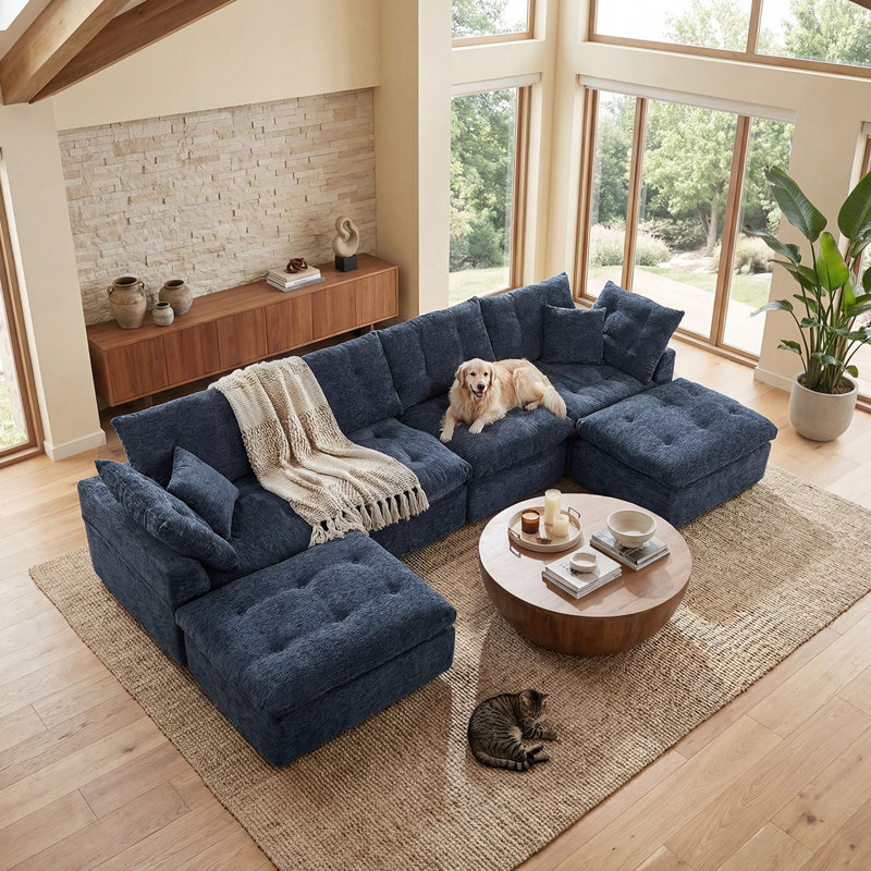 142" Cloud Sectional Couches L-Shaped Modular Boneless Chenille Sofa Couches With 2 Deep Seat Ottoman And Side Pockets, Module Combination For Living Room 4 Seater