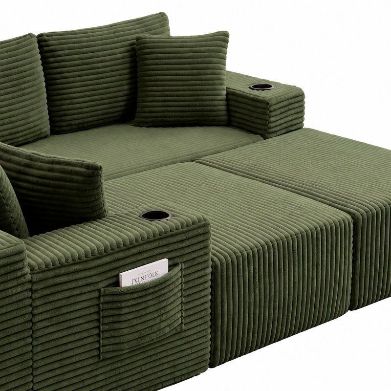 Ensemble de canapé en U en velours côtelé avec 2 repose-pieds et porte-gobelets, Velours côtelé vert, Vert