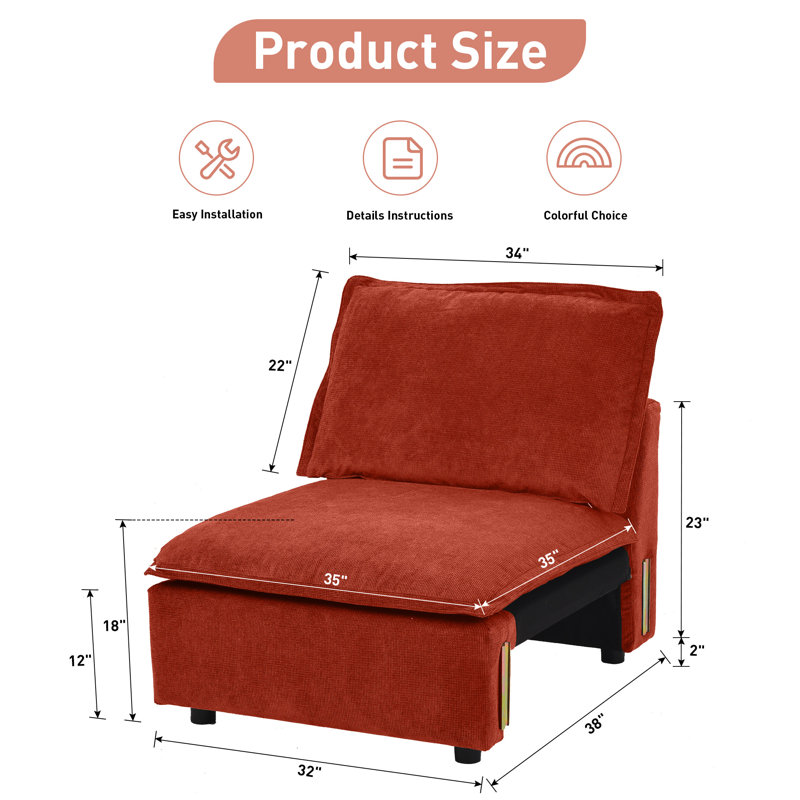 Module de fauteuil sans accoudoirs modulaire 35 po en velours côtelé rouge