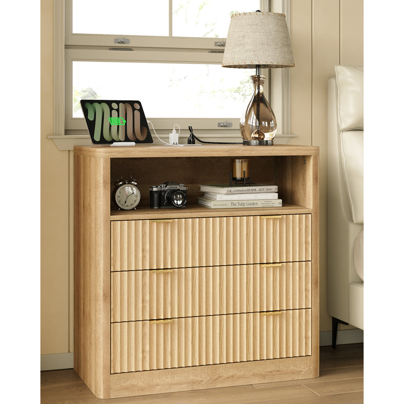 Fluted Night Stand With LED Light & Charging Station, Abella With 3 Storage Drawers, 31” Wide Top, Modern Farmhouse Bedside Table For Bedroom, Living Room, Closet