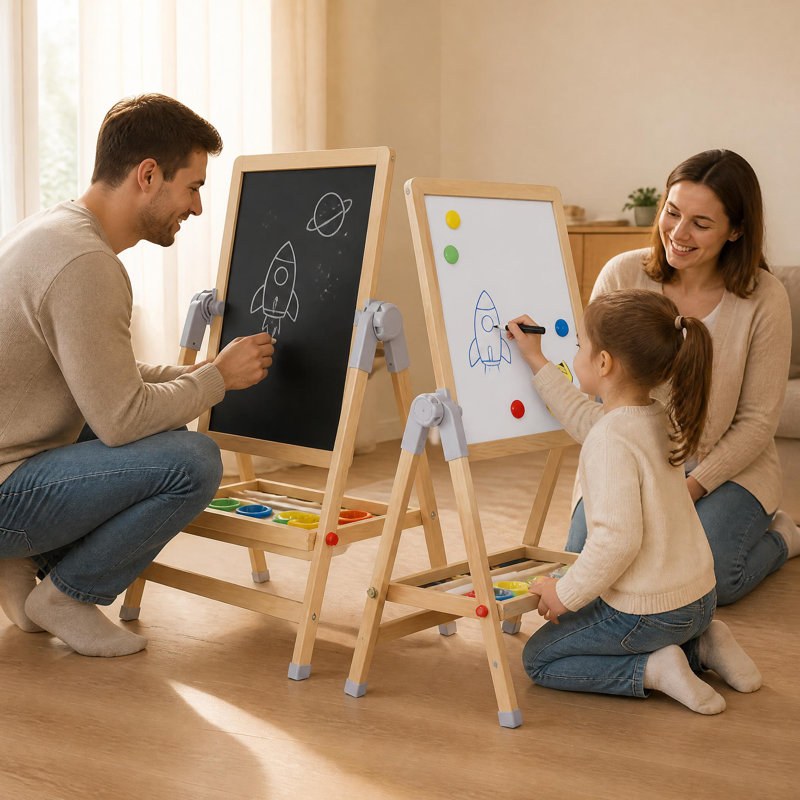 Chevalet en bois pour enfants, chevalet d'art à double face avec tableau blanc et tableau noir, finition bois naturel