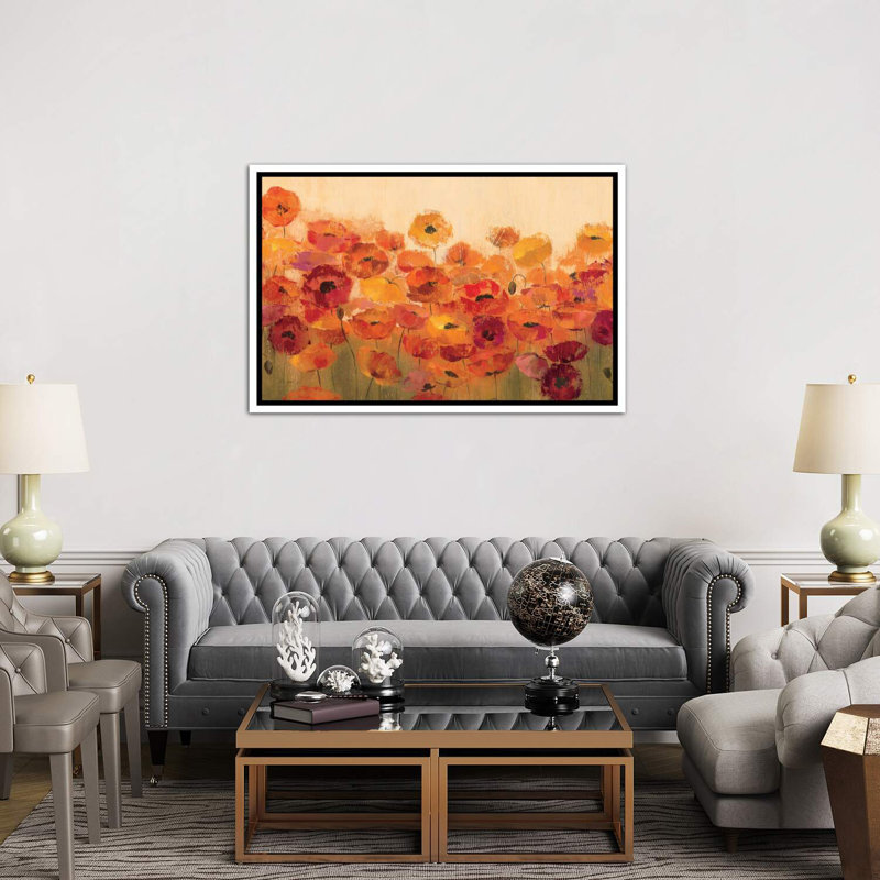 «Summer Poppies» par Silvia Vassileva - reproduction d'art, H 40 po x l 60 po x 1,5 po, Cadre flottant blanc