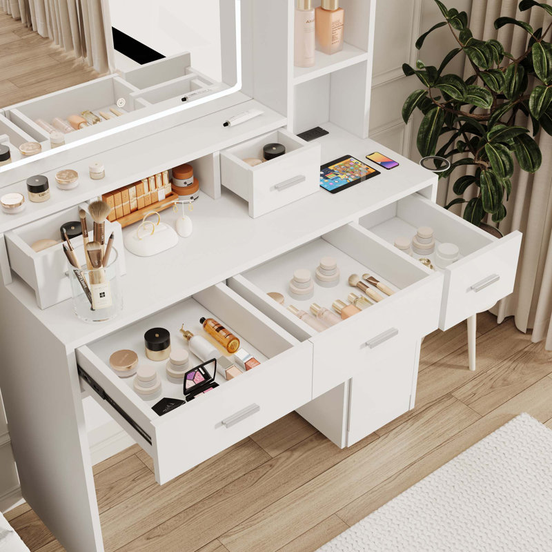 Coiffeuse avec miroir lumineux à 3 couleurs DEL et prise de courant, coiffeuse avec tiroirs, boîte de rangement et tablette, coiffeuse avec tabouret de chambre