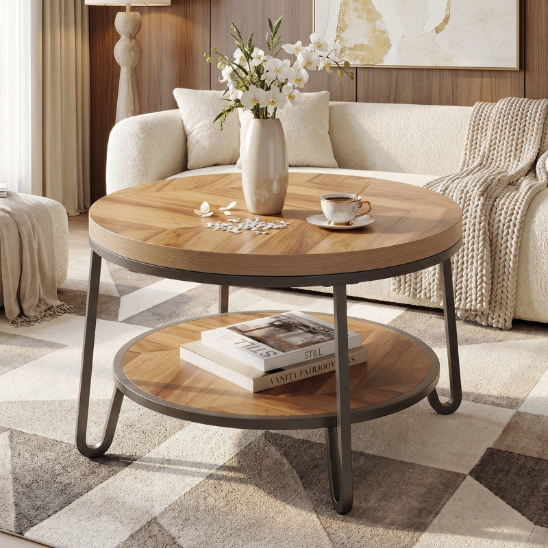 Table basse ronde 32 po avec tablettes de rangement à 2 niveaux Mia