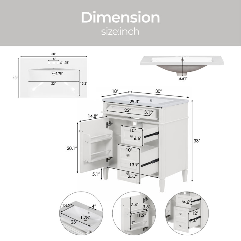 Ensemble de meuble-lavabo simple 30 po avec plateau Rashele, Blanc
