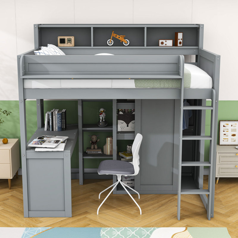 Lit mezzanine simple en bois avec bureau intégré, armoire de rangement et tablettes, Gris