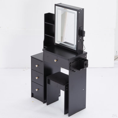 Petite coiffeuse 29,2 po + tabouret rembourré, 2 blocs d'alimentation AC + 2 ports USB, support pour sèche-cheveux, très grand miroir coulissant à commande tactile à DEL, changement de couleur, réglage de la luminosité