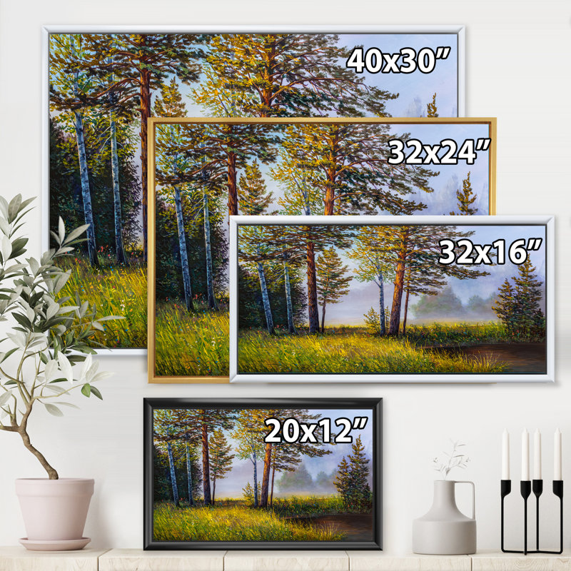 Lumière subtile du soir à travers les arbres III - peinture sur toile, Cadre flottant doré, H 12 po x l 20 po x p 1 po