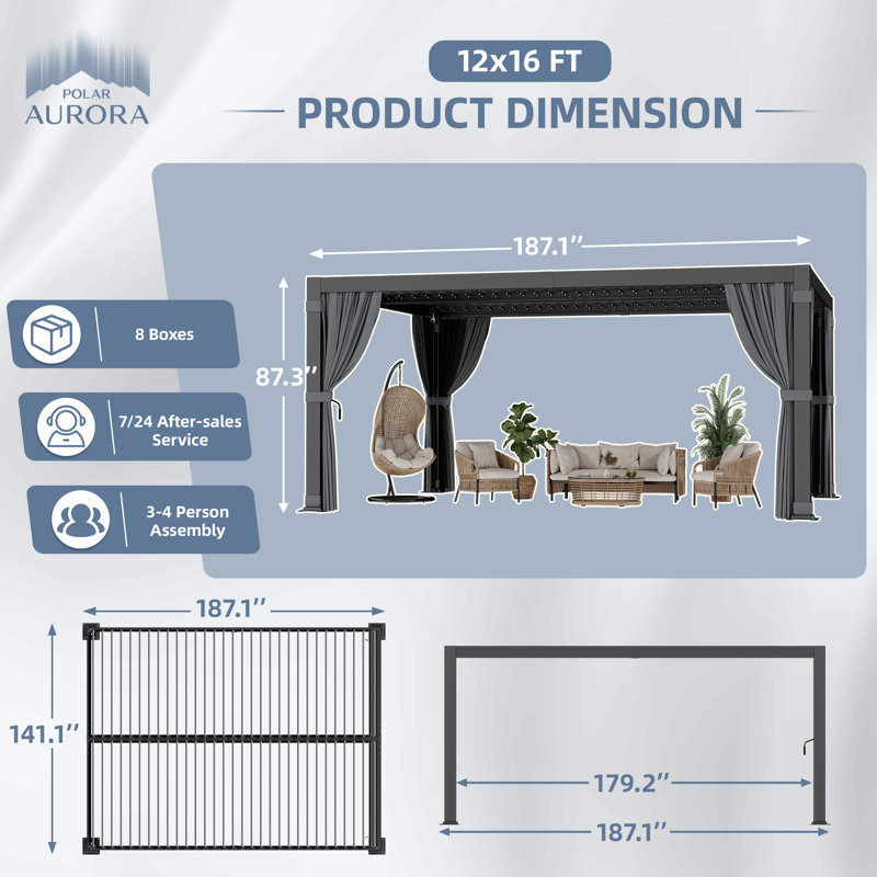 Aluminum Pergola with Adjustable Louvered Roof, Water-Resistant Curtains, and Mesh Netting, 16 Ft. W x 12 Ft. D