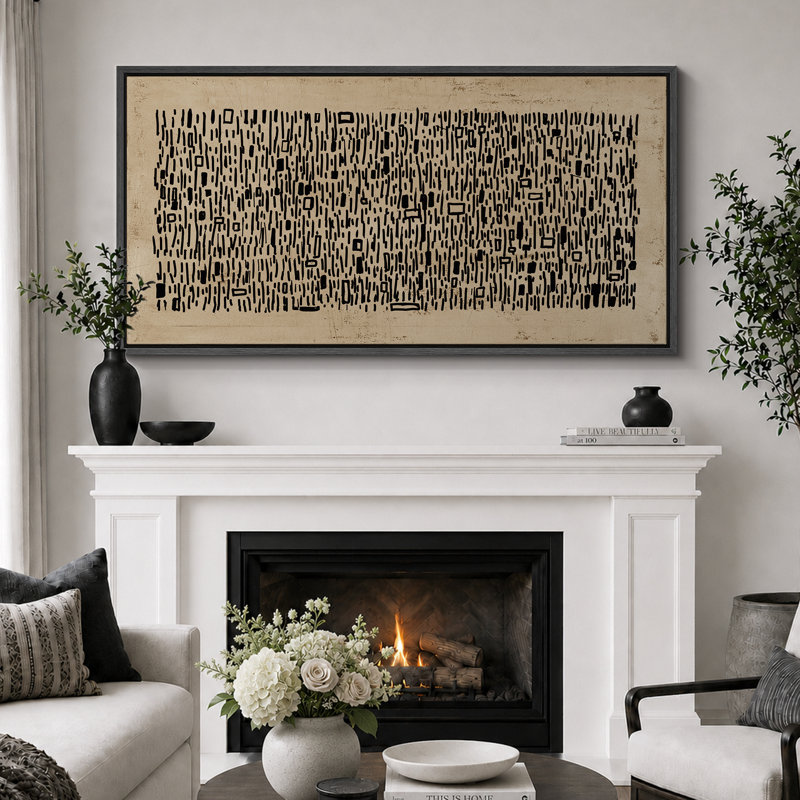 Geometric Line "Brown Black Wabi Sabi Abstract Artwork, Mid Century Modern Neutral Wall Pictures, Extra Large Framed Canvas Giclee Print Wall Art"