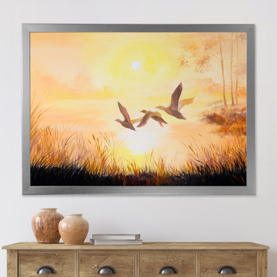 Trois grues volant au coucher du soleil - peinture sur toile