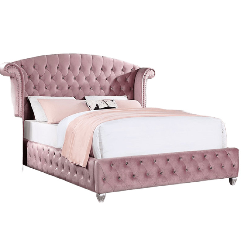 Lit simple moderne en flanelle rose avec ailes rembourrées et garniture de tête de lit