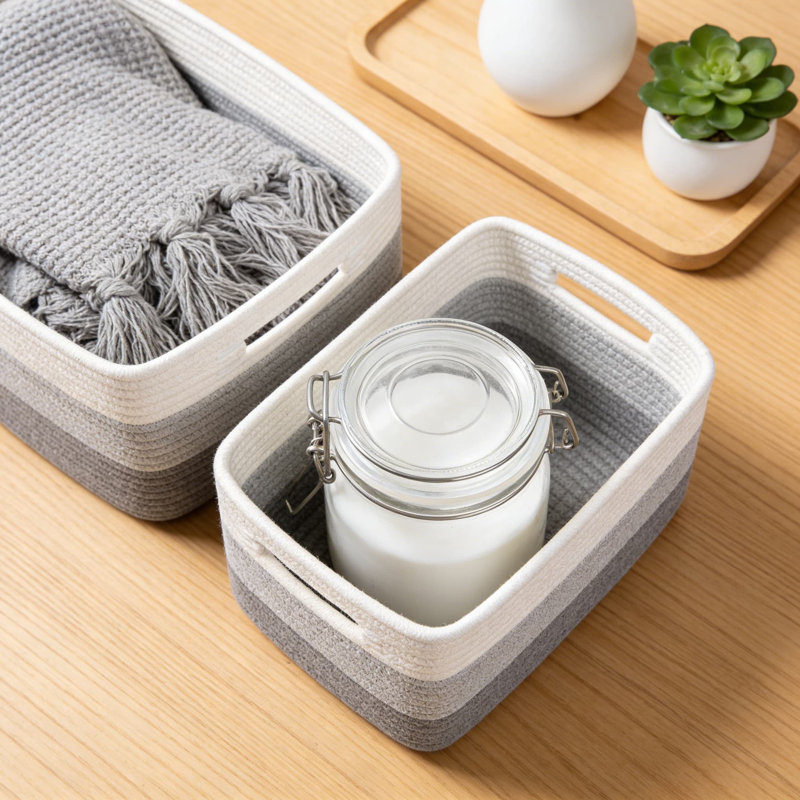 Large Woven Storage Basket Set Of 2, Natural Cotton Rope Organizer Bin For Shelves, Closet, Nursery, Living Room For Clothes, Toys, Blankets, And Home Organization