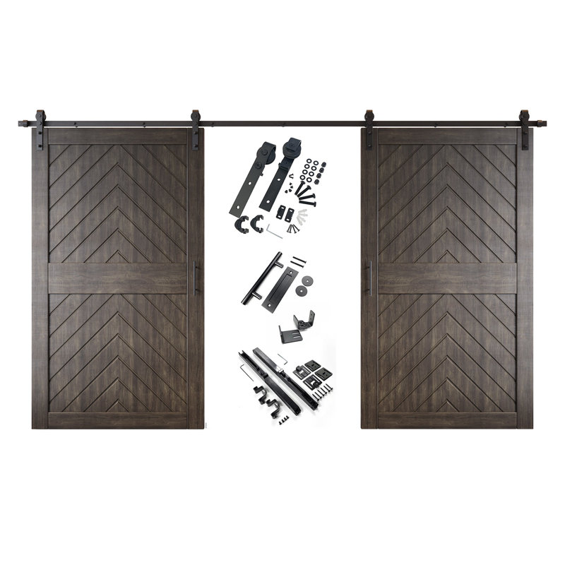 Homacer ébène 50 po x 84 po fini et non assemblé 4-en-1 Fishbone deux portes de grange avec quincaillerie d'installation sans dérivation, rail de 18 pi, utilisation intérieure seulement
