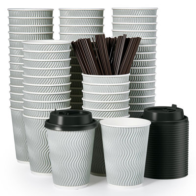 12 Oz Disposable Coffee Cups, 100 Count Insulated Ripple To Go Cups With Lids And Straws For Tea, Hot Chocolate, And Drinks