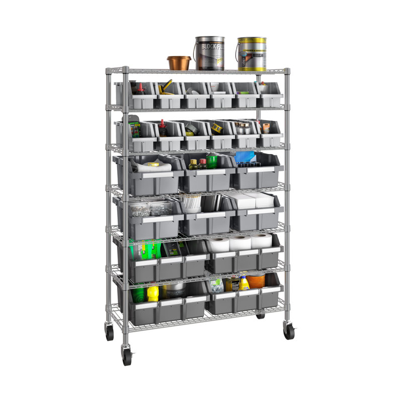 36" W NSF-Certified Commercial 7-Tier 22-Bin Storage Rack with Wheels