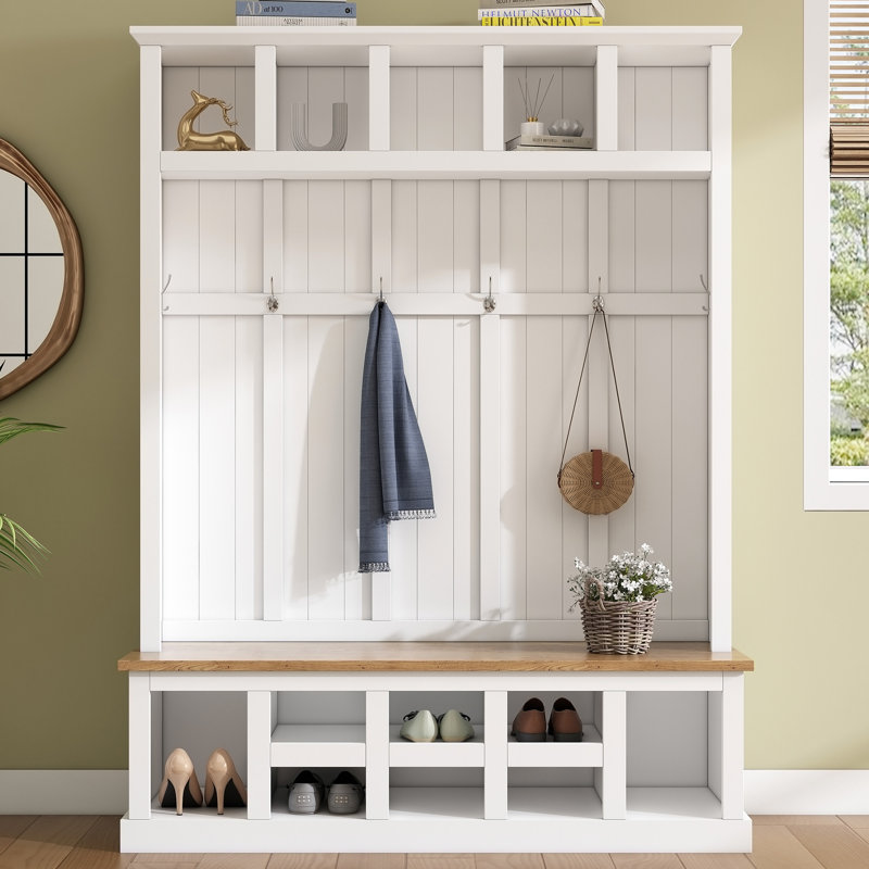 Farmhouse Wooden Style 78''H Modern Hall Tree With Wide Storage Seating Bench