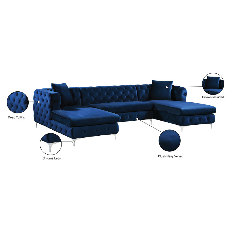 Miranda Velvet U-Shaped Sectional Symmetrical, Navy Velvet