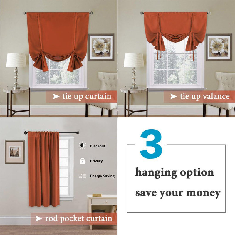 Curtains Thermal Insulated Tie Up Window Shade Light Reducing Curtains for Kitchen, Rod Pocket 2 Panels - 42" Wide by 63" Long