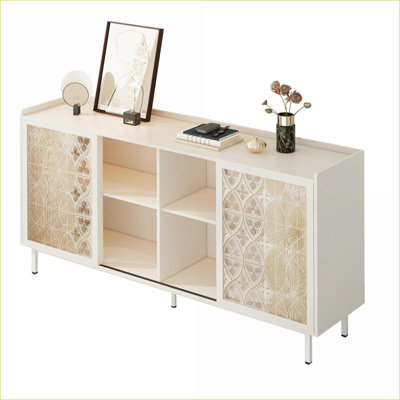 Buffet avec rangement à porte coulissante, buffet de salon en bois massif rustique | Rustique | Tablettes incluses