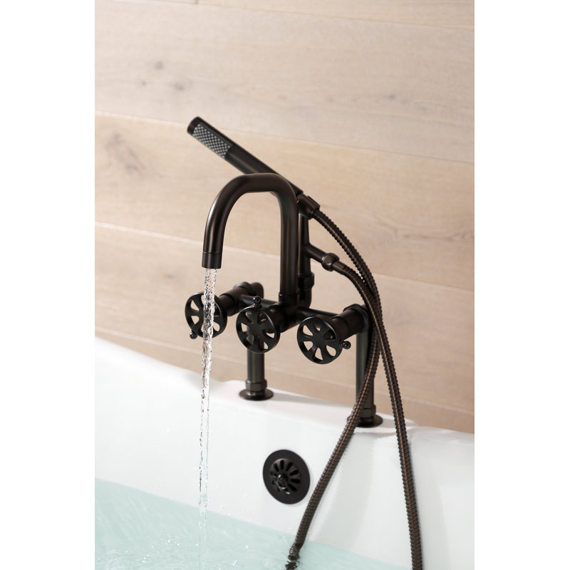 Kingston Brass Belknap Three-Handle 2-Hole Deck Mount Clawfoot Tub Faucet with Hand Shower, Dark Brown