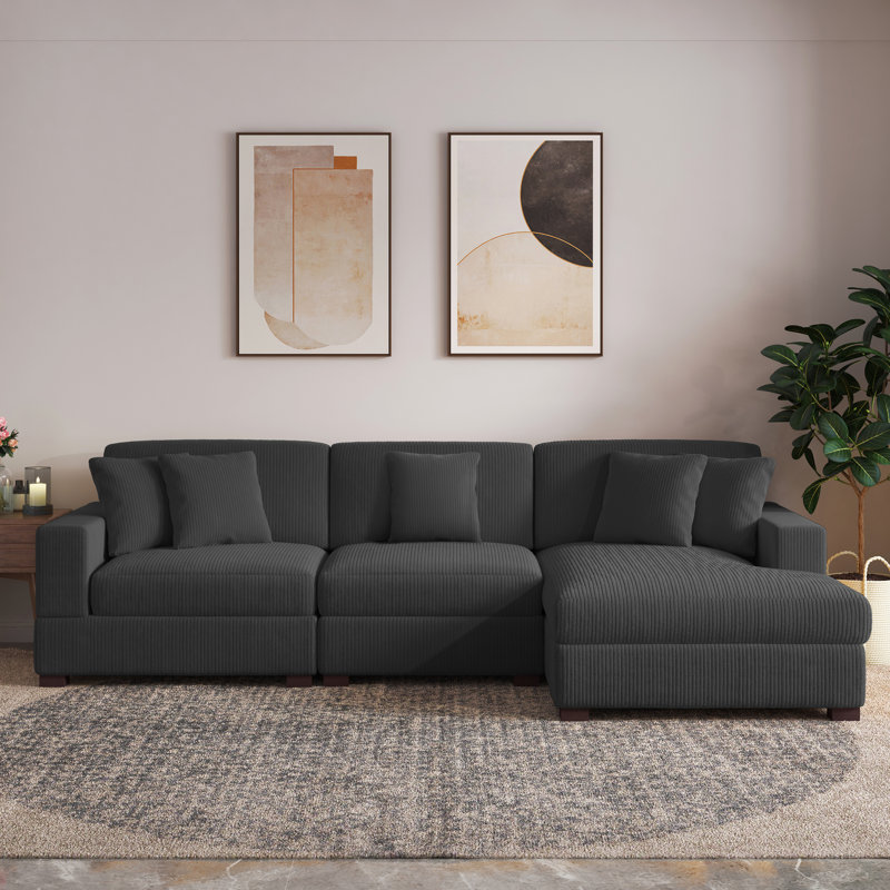 3 - Piece Upholstered Gray Corduroy Modular Sectional Sofa with Pillow Back and Solid Wood Legs, Right Hand Facing