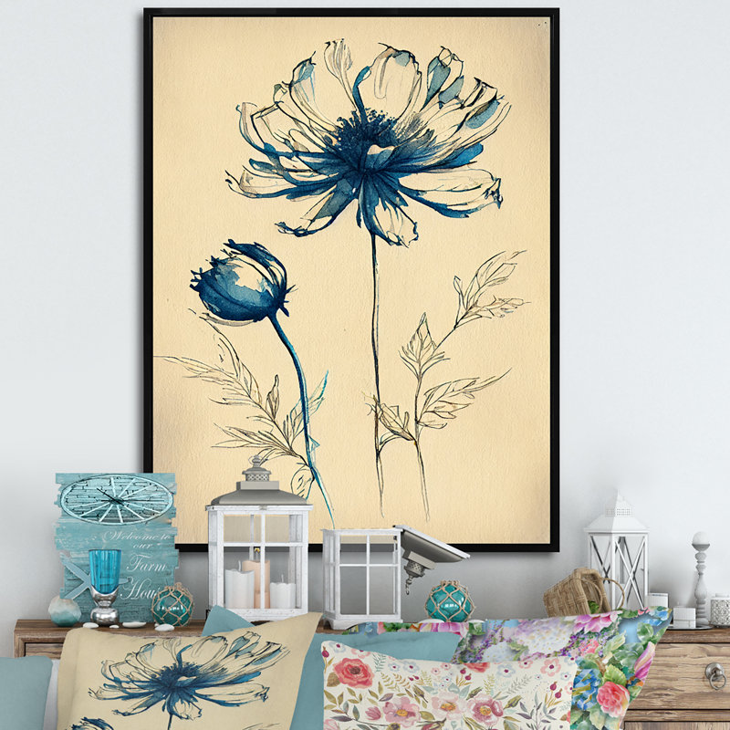 Fleur indigo II - art mural sur toile florale, H 20 po x l 12 po x P 1 po, Toile avec cadre flottant noir