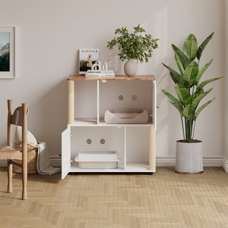 Double Cat Litter Box Cabinet, Hidden Enclosure with Sisal Posts & Mat, x-White