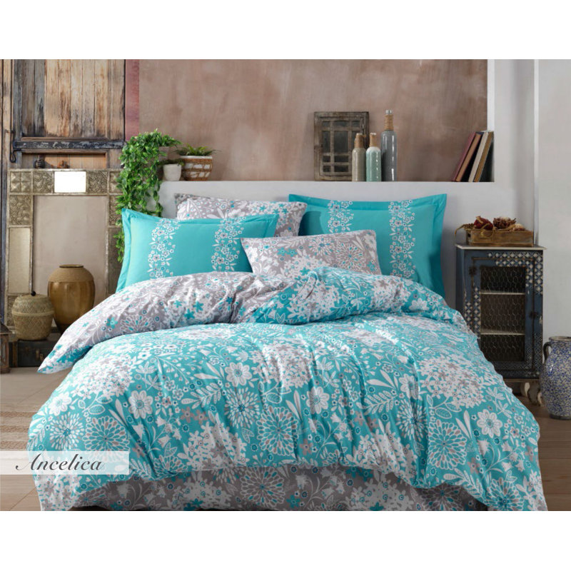 Cotton Floral Duvet Cover, Turquoise/Grey/White
