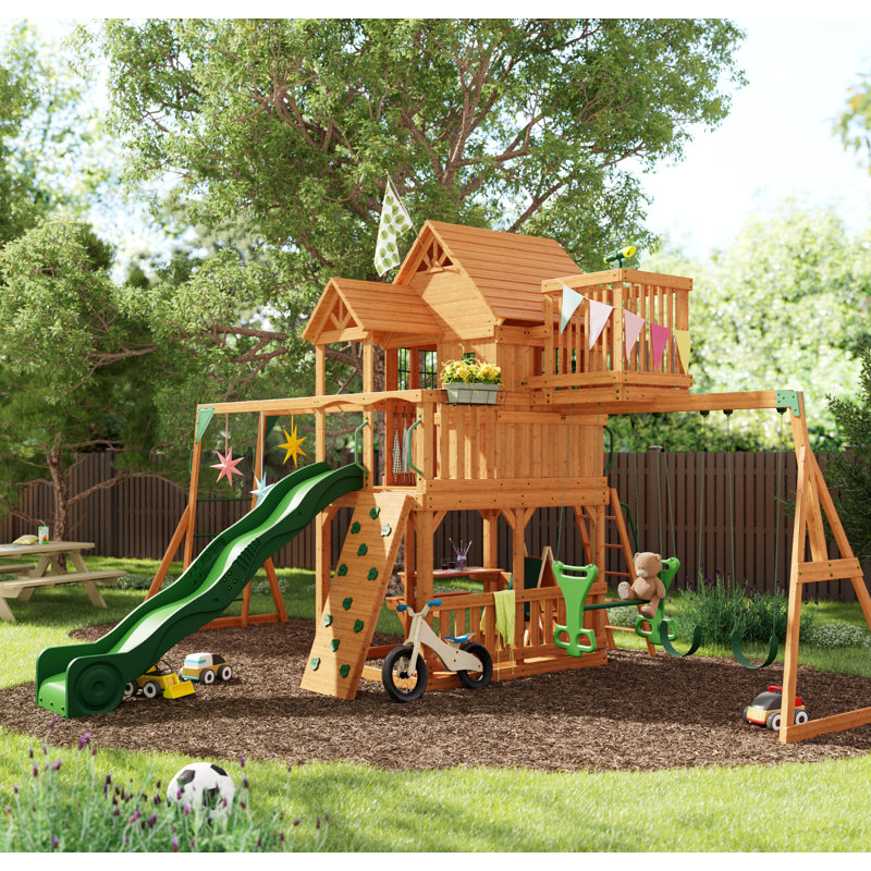 Skyfort II Cedar Wood Swing Set with Slide and Swings