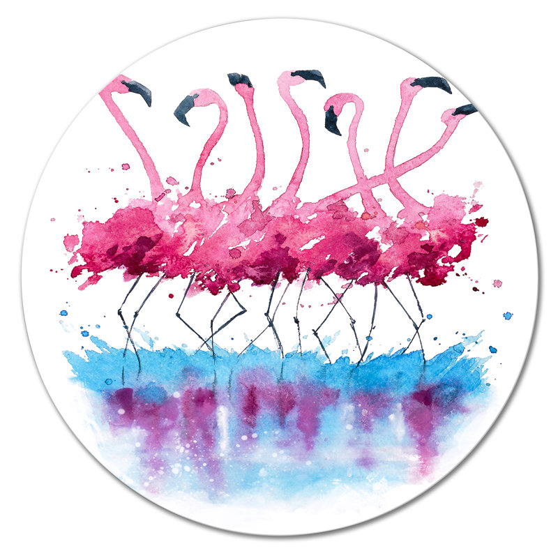 Flamants roses sur l'eau bleue - Cercle traditionnel en métal, art mural, H 36 po x l 36 po