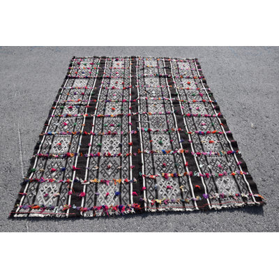 Handcrafted Turkish Kilim Wool Rug for Bedroom with a Bohemian Style and Black-White Design