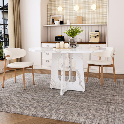 47" Round Marble White Dining Table for 4 – Farmhouse MDF Kitchen Table with Metal Pedestal Base, 300lb Capacity & Adjustable Feet for Home and Dining Room